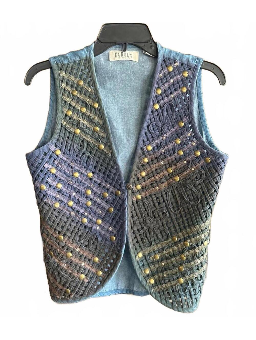 Vintage Carol’s Corner Denim Lattice Vest Floral Embroidery Lace Size S Western